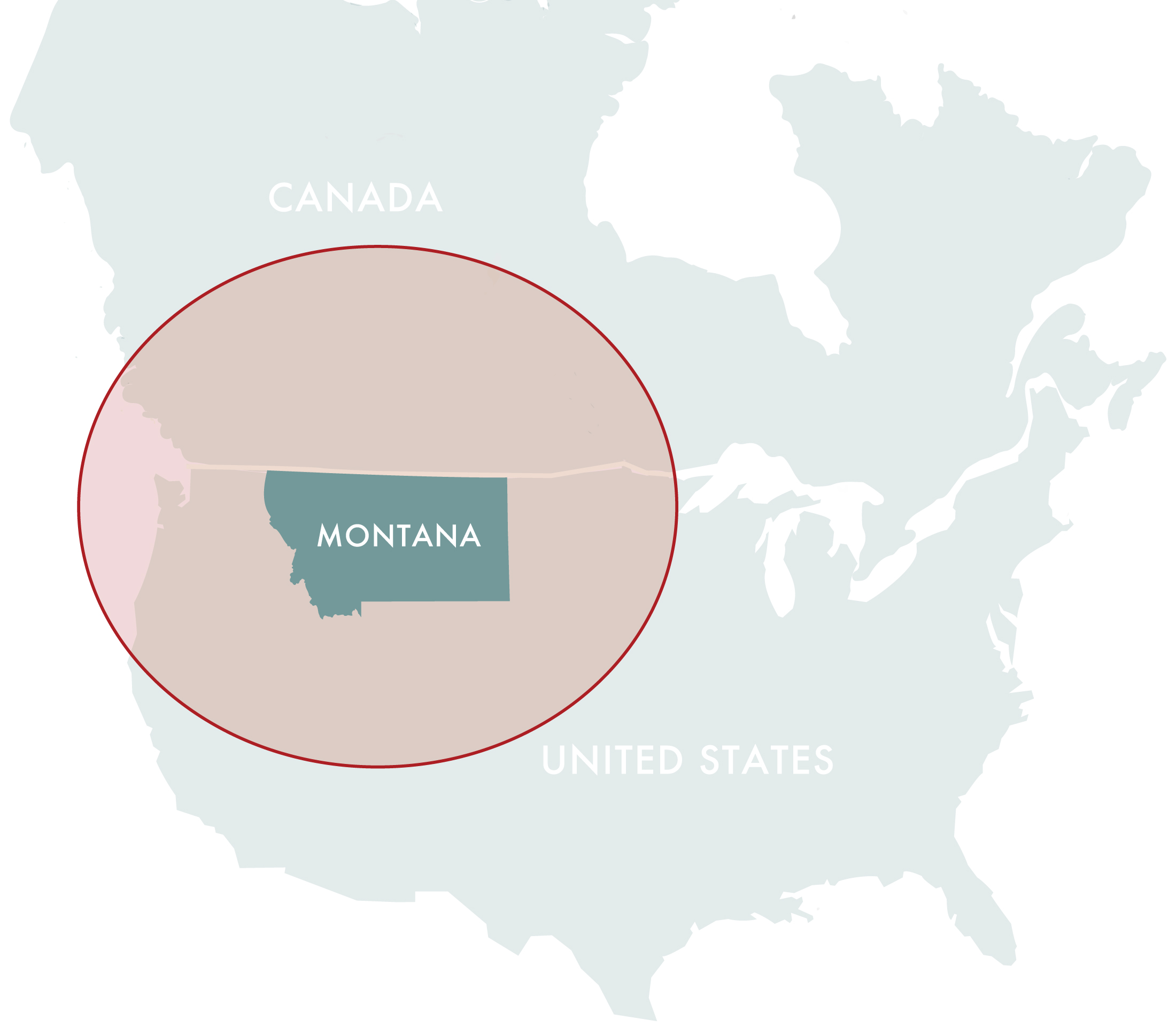 カナダ西部および米国中心地であるモンタナの地図
